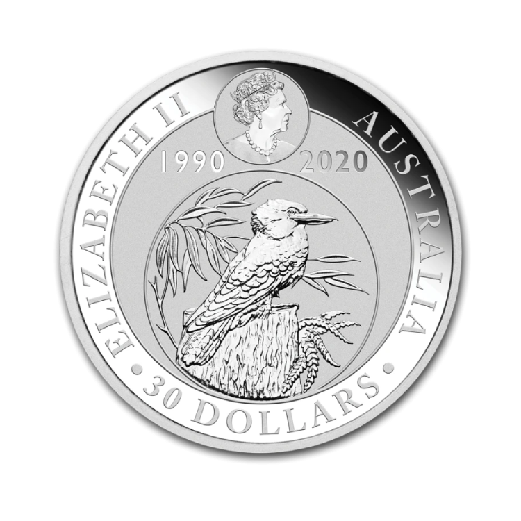 1 kilo zilveren Kookaburra munt 2020 achterkant