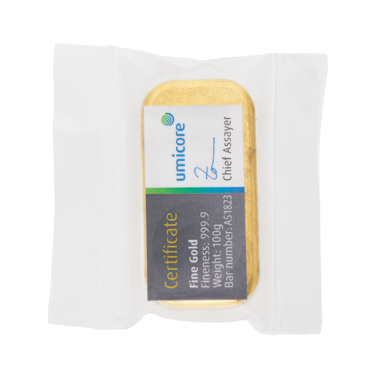 100 gram Umicore goudbaar gegoten met certificaat achterkant
