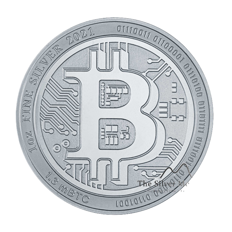 Voorzijde zilveren Bitcoin munt
