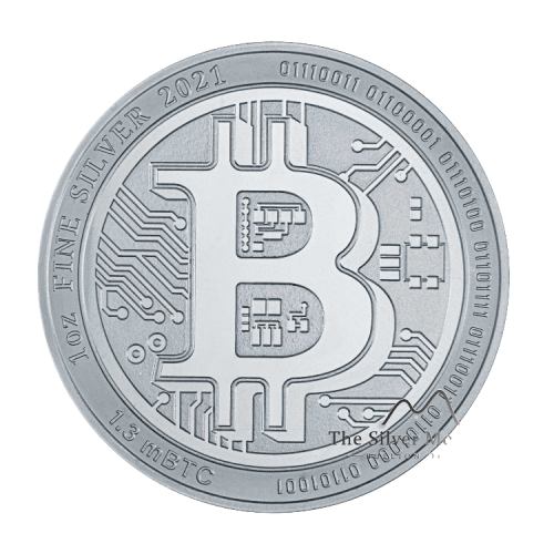 Voorzijde zilveren Bitcoin munt
