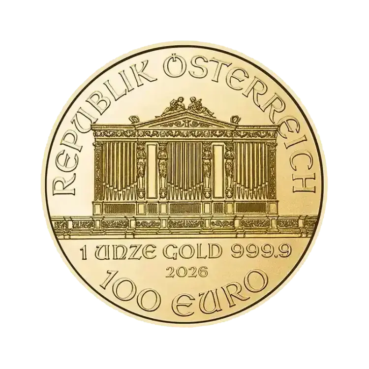 Achterkant gouden Philharmoniker munt 2026