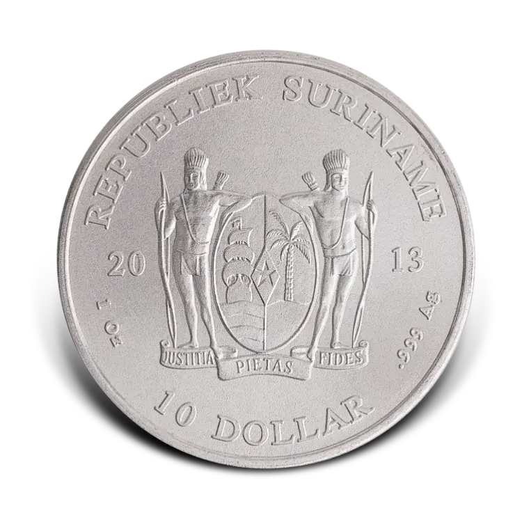 1 troy ounce zilveren Suriname munt 2013 voorkant
