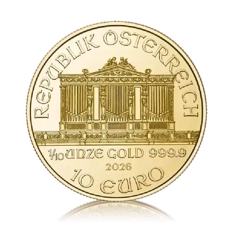 1/10 troy ounce gouden Wiener Philharmoniker munt 2026 achterkant
