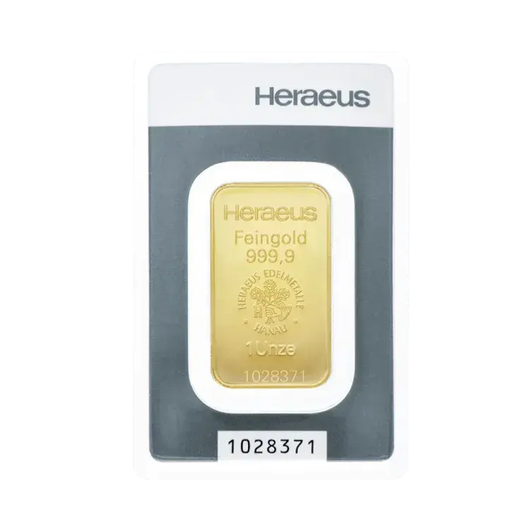 1 troy ounce goudbaar Heraeus voorkant
