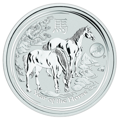 Zilveren 1 troy ounce Lunar munt 2014 - privy mark voorkant