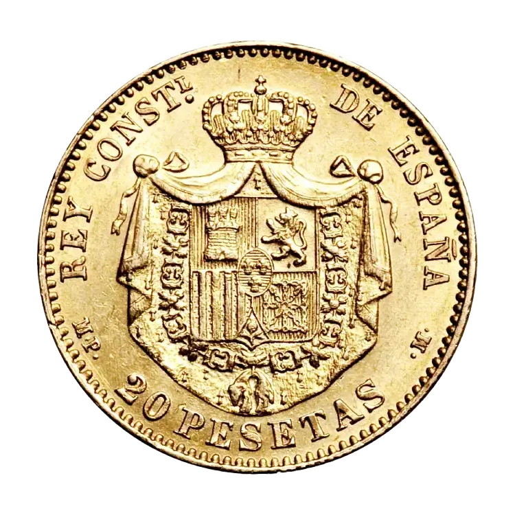 Gouden 20 Pesetas munt Spanje voorkant