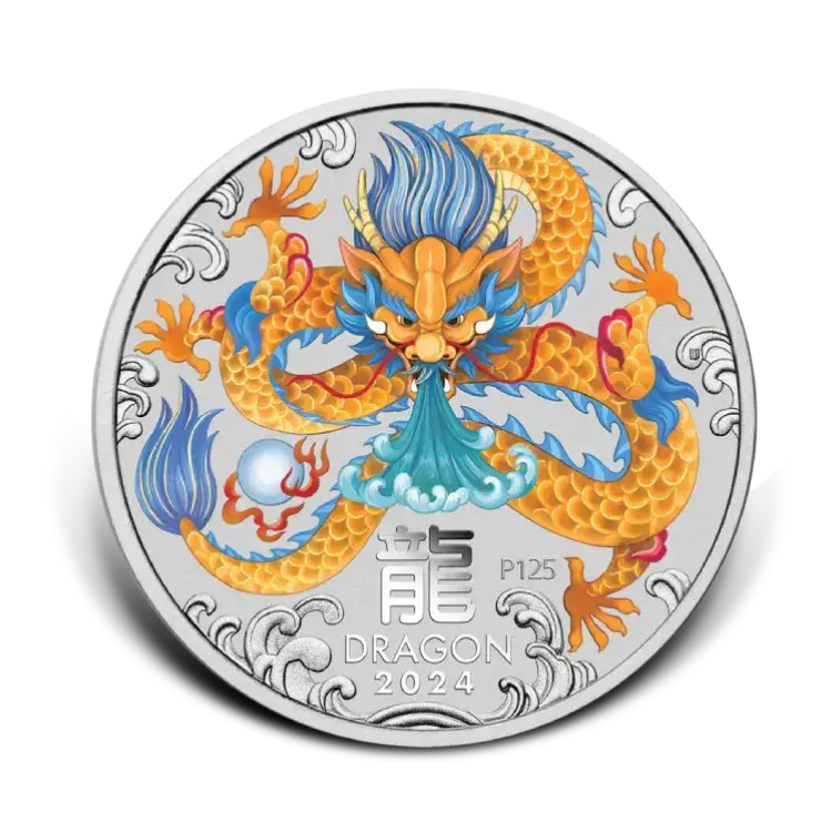 2 troy ounce zilveren Lunar munt Year of the Dragon 2024 colored voorkant