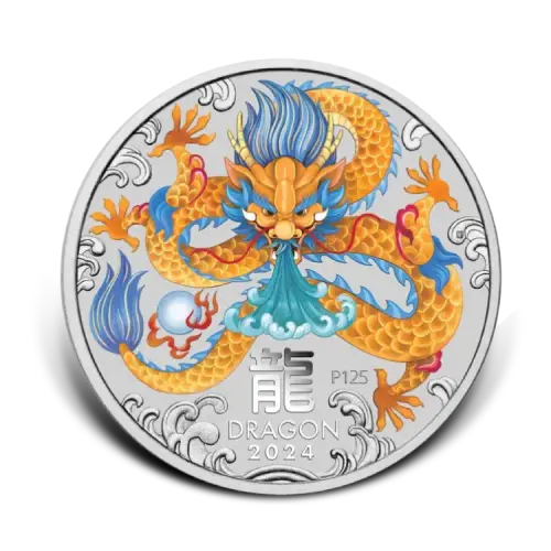 2 troy ounce zilveren Lunar munt Year of the Dragon 2024 colored voorkant