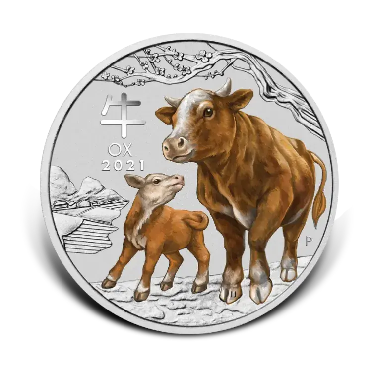 1 troy ounce zilveren munt Lunar Year of the Ox 2021 colored voorkant