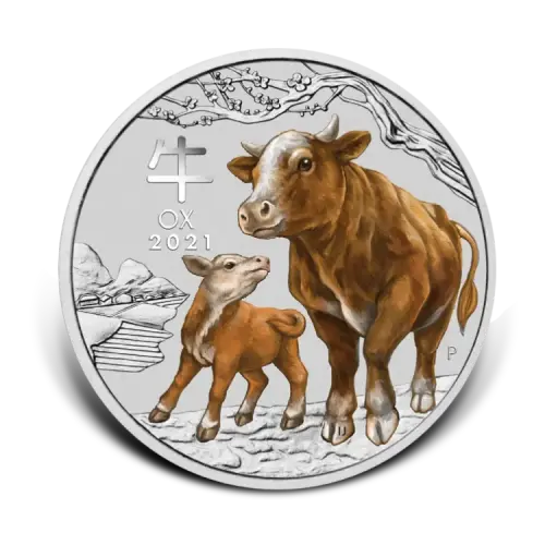 1 troy ounce zilveren munt Lunar Year of the Ox 2021 colored voorkant