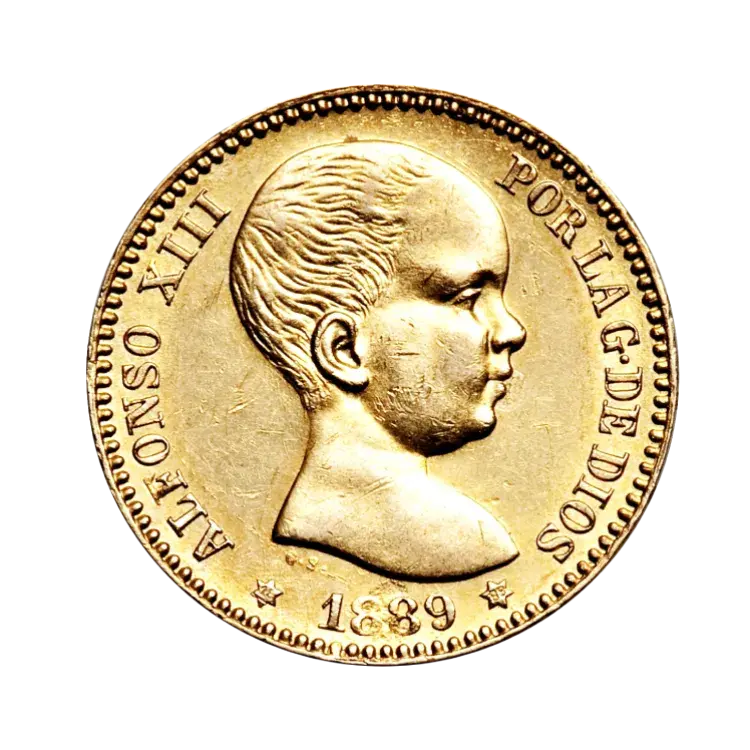 Gouden 20 Pesetas munt Spanje perspectief 1