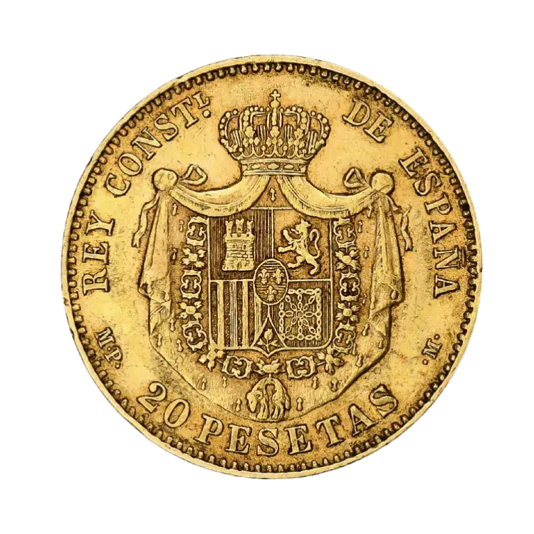 Gouden 20 Pesetas munt Spanje perspectief 2