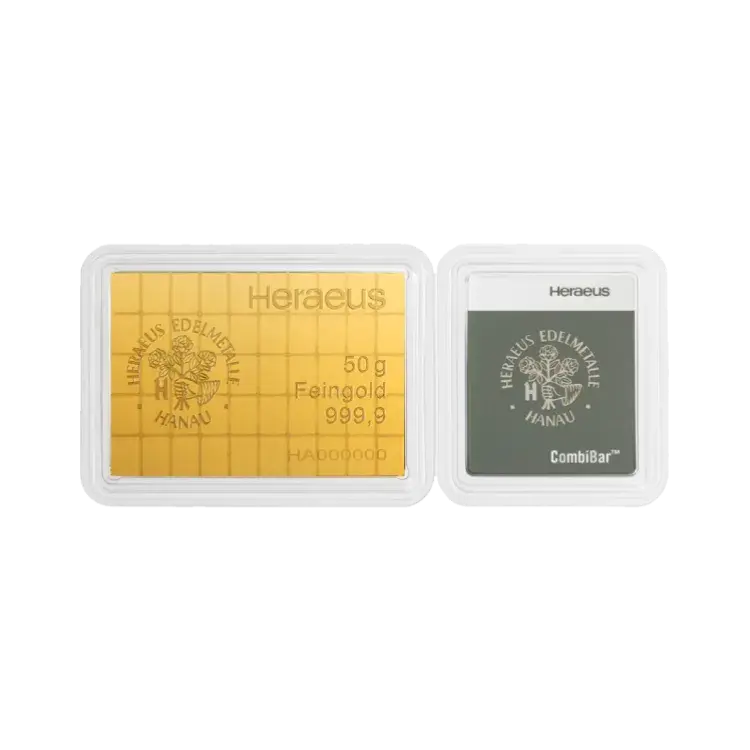 50x 1 gram gouden Heraeus Combibar voorkant