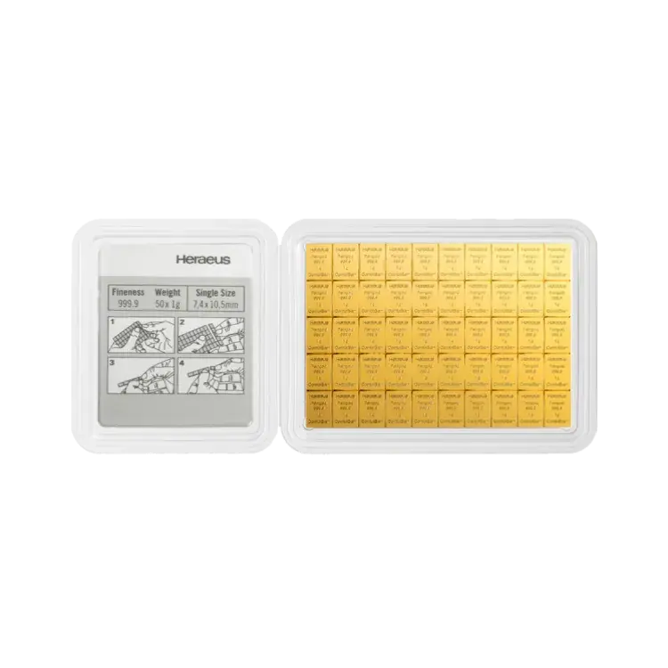 50x 1 gram gouden Heraeus Combibar achterkant