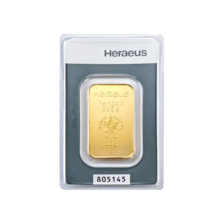 20 gram goudbaar Heraeus Kinebar achterkant