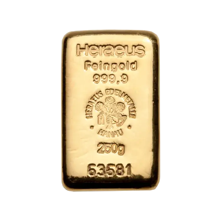 250 gram goudbaar Heraeus voorkant