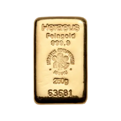 250 gram goudbaar Heraeus voorkant