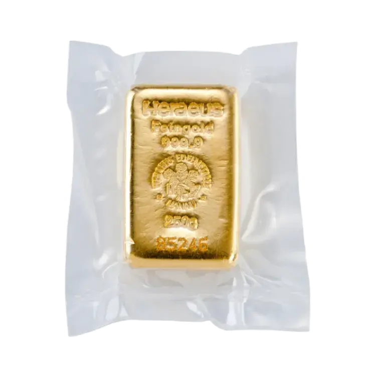 250 gram goudbaar Heraeus achterkant