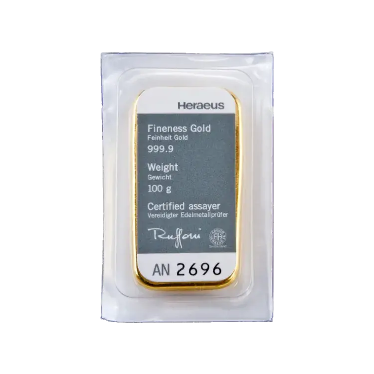 100 gram goudbaar Heraeus perspectief 2