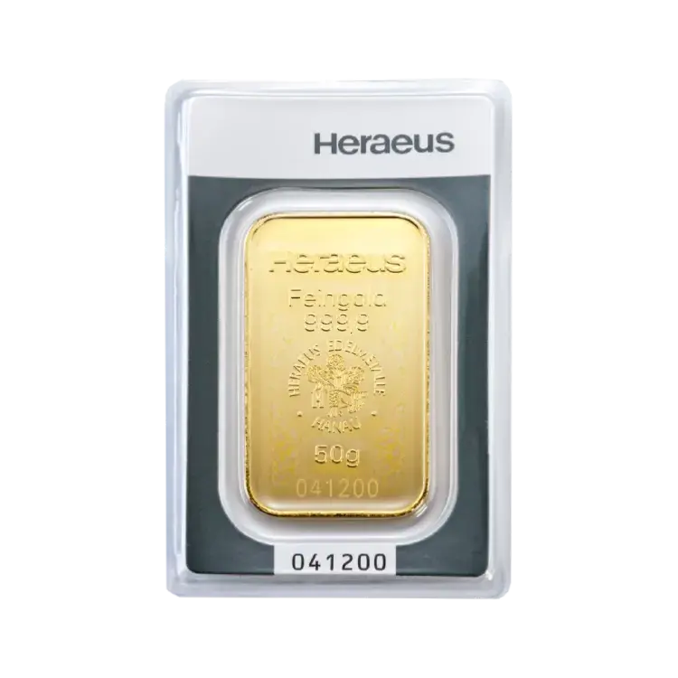50 gram goudbaar Heraeus voorkant