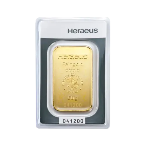 50 gram goudbaar Heraeus voorkant