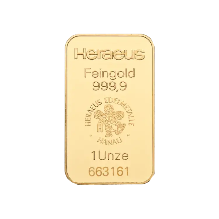 1 troy ounce goudbaar Heraeus achterkant