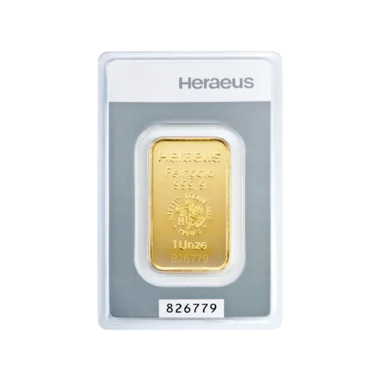 1 troy ounce goudbaar Heraeus Kinebar voorkant