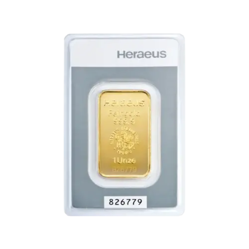 1 troy ounce goudbaar Heraeus Kinebar voorkant