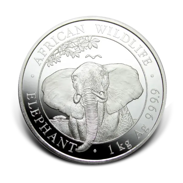 1 kilo zilveren Somalische Olifant munt voorkant