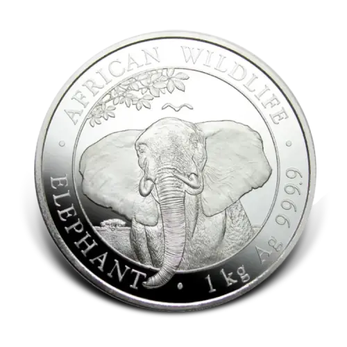 1 kilo zilveren Somalische Olifant munt voorkant