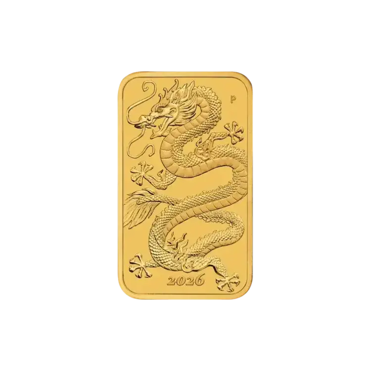 1 troy ounce gouden Rectangular Dragon muntbaar 2026 voorkant