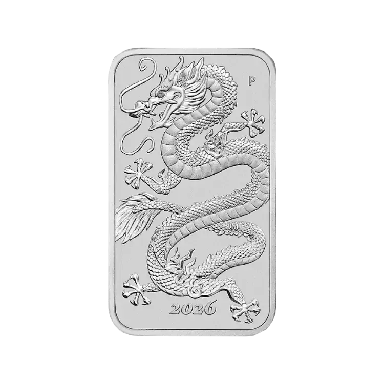 1 troy ounce zilveren Rectangular Dragon muntbaar 2026 voorkant