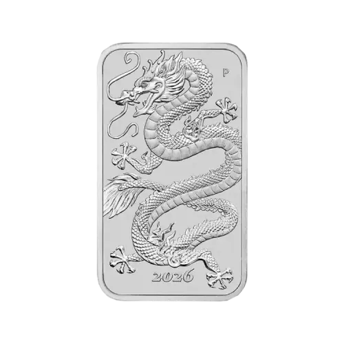 1 troy ounce zilveren Rectangular Dragon muntbaar 2026 voorkant