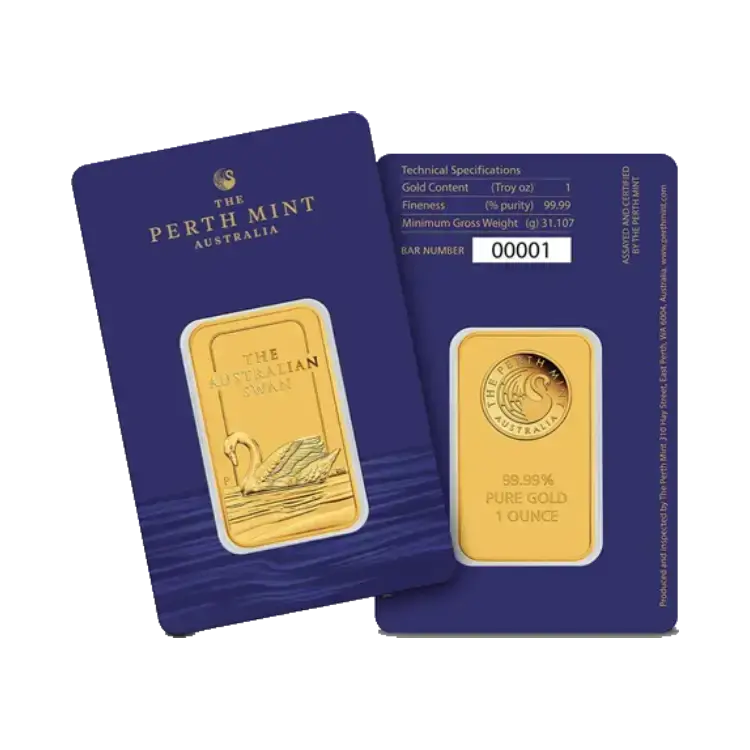 1 troy ounce goudbaar Australian Swan perspectief 4