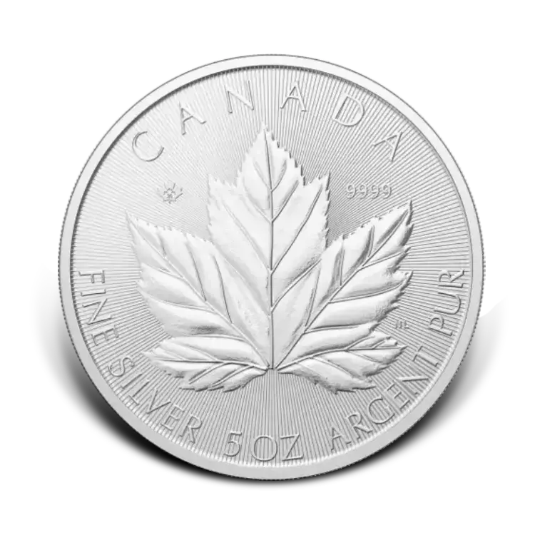 5 troy ounce zilveren Maple Leaf munt voorkant