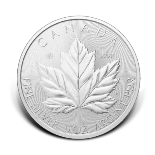 5 troy ounce zilveren Maple Leaf munt voorkant