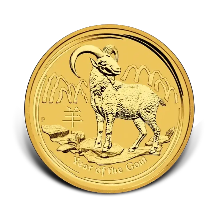 1/10 troy ounce gouden Lunar munt Year of the Goat 2015 voorkant
