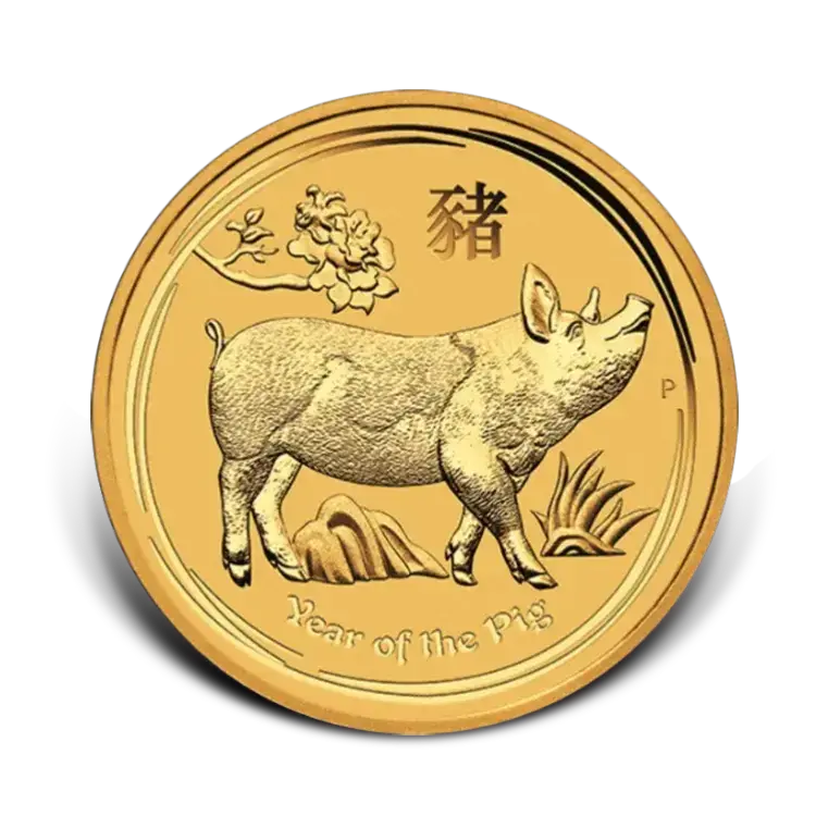 1/2 troy ounce gouden Lunar munt Year of the Pig 2019 voorkant