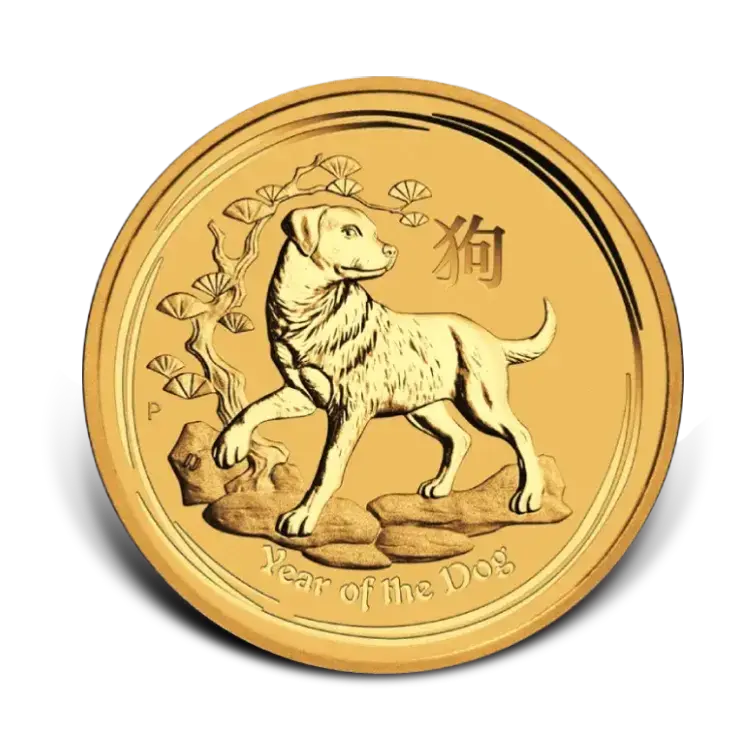 1/10 troy ounce gouden Lunar munt Year of the Dog 2018 voorkant