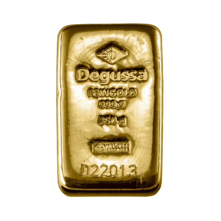 Voorkant Goudbaar 250 gram Degussa