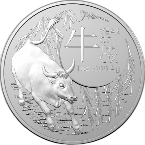 1 troy ounce zilveren munt Lunar RAM serie Os 2021 voorkant